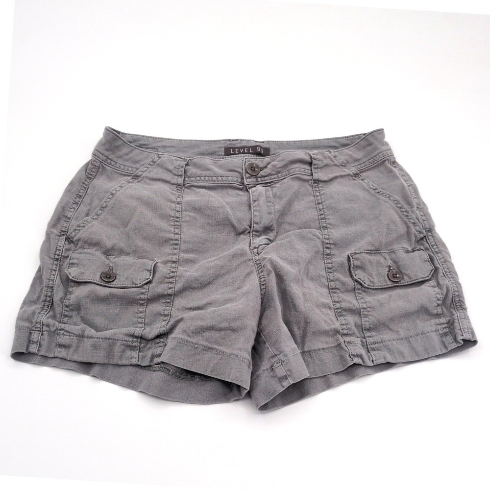 Level 99 Women's Cargo Shorts Size 29 Gray Linen Blend Utility Mini Cuffed Y2K